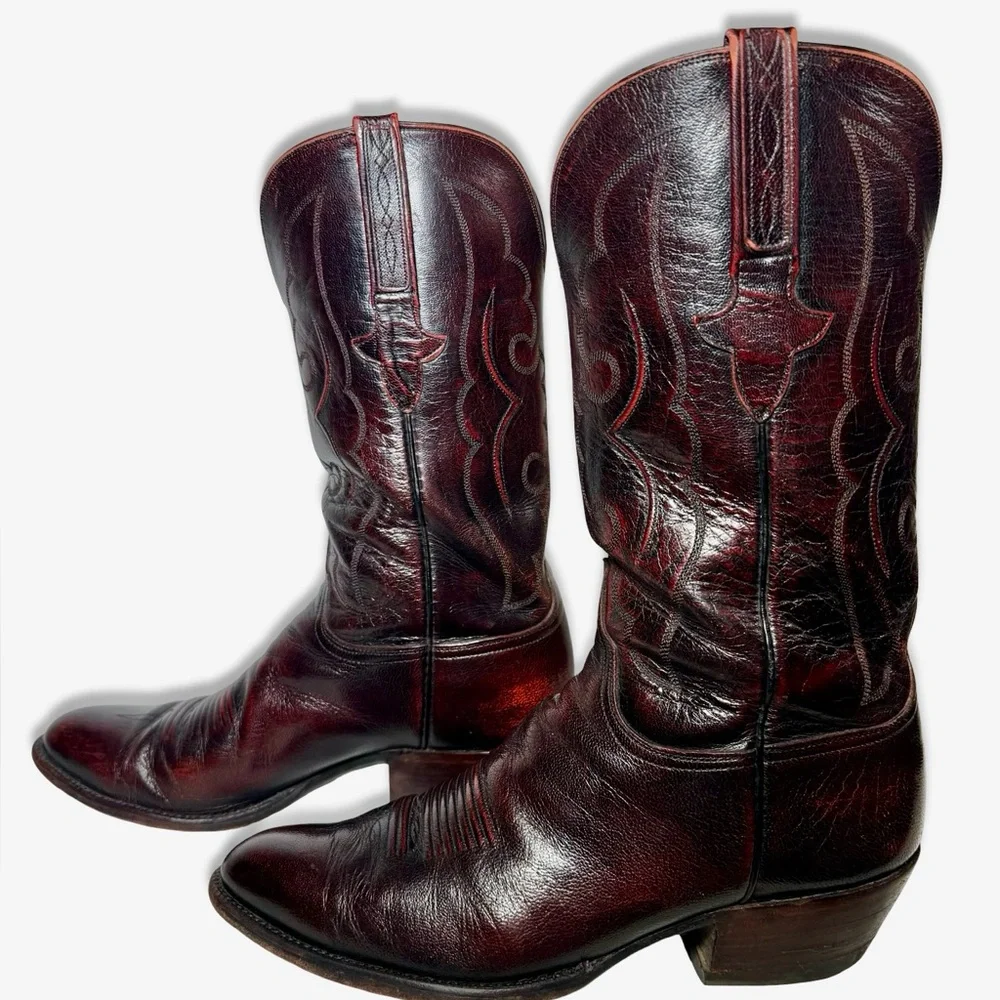 Lucchese Womens Boots Size 10.5 Black Cherry Vintage Goat Skin Leather Knee High - Picture 9 of 13